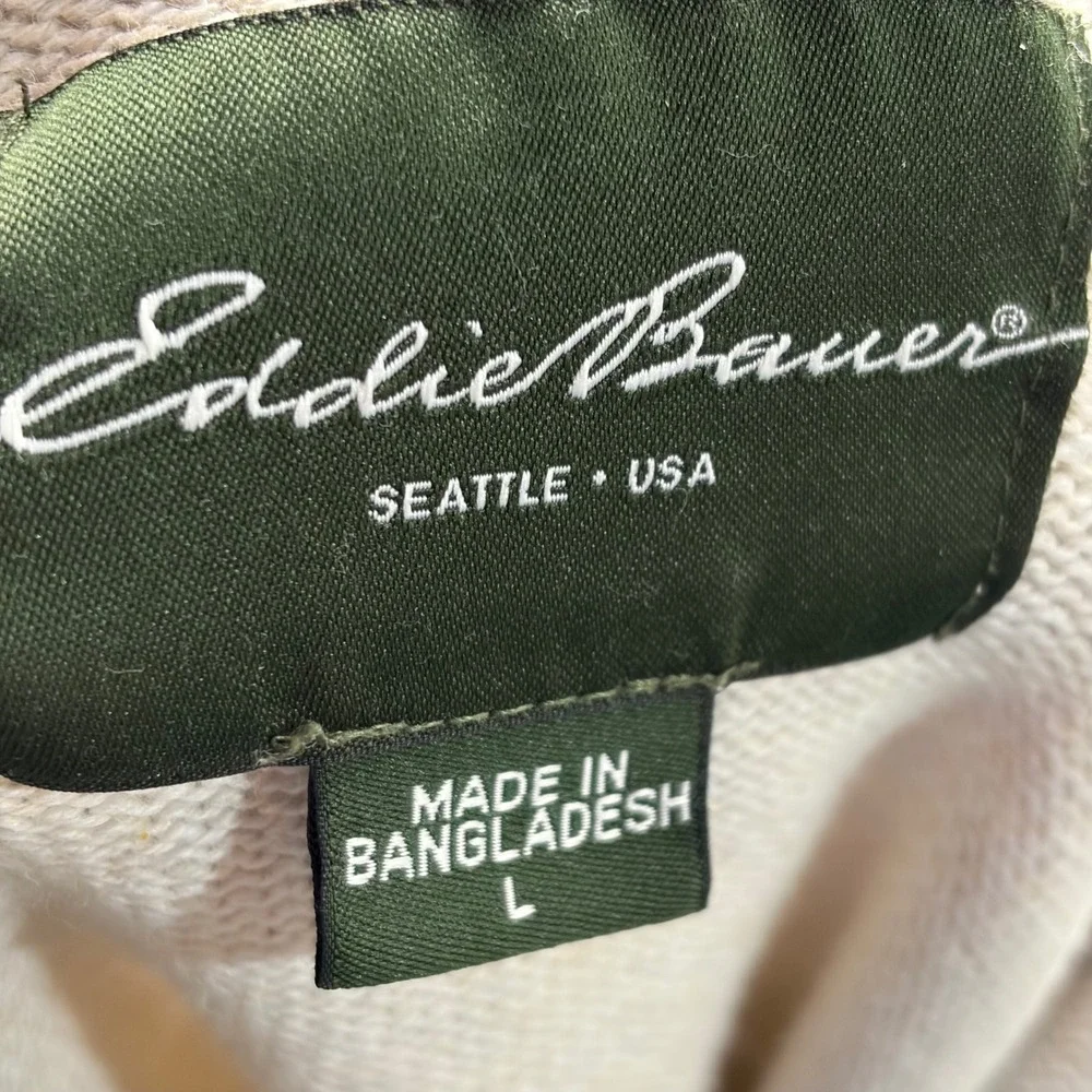 Eddie Bauer 1/4 Zip Sweater Mens L Beige/Blue Cotton Striped Pullover Mock Neck